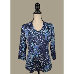 Isaac Mizrahi Live Blue Floral 100% Cotton V-neck Top Size Medium